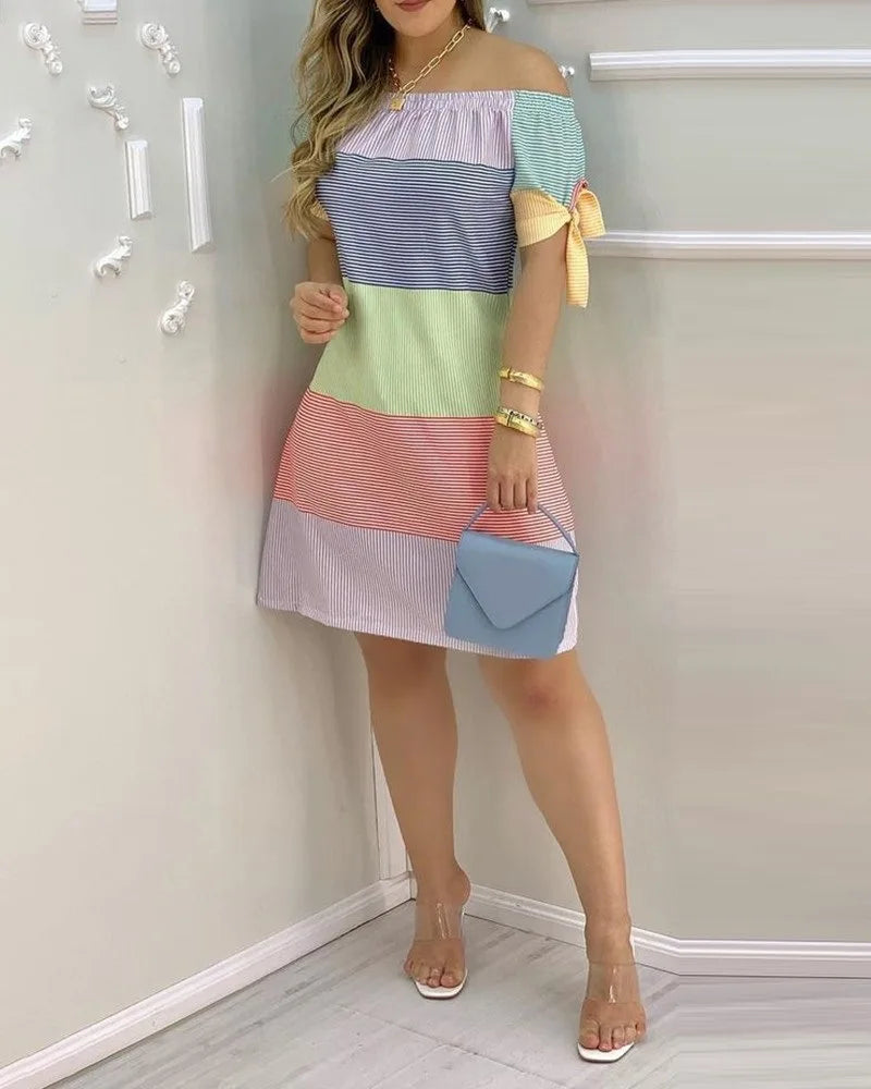 Fashionable Sexy Women's Print Dress Women's Word Shoulder Short -sleeved A -line Dress Ladies Off The Shoulder Mini Dresses