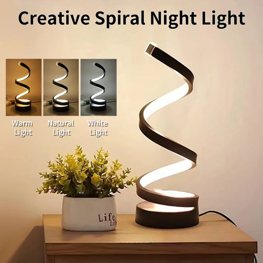 USB Plug in Creative Spiral LED Night Light Dimmable 3 Colors Adjustable for Living Room Office Desk Table Bedroom Bedside Decor