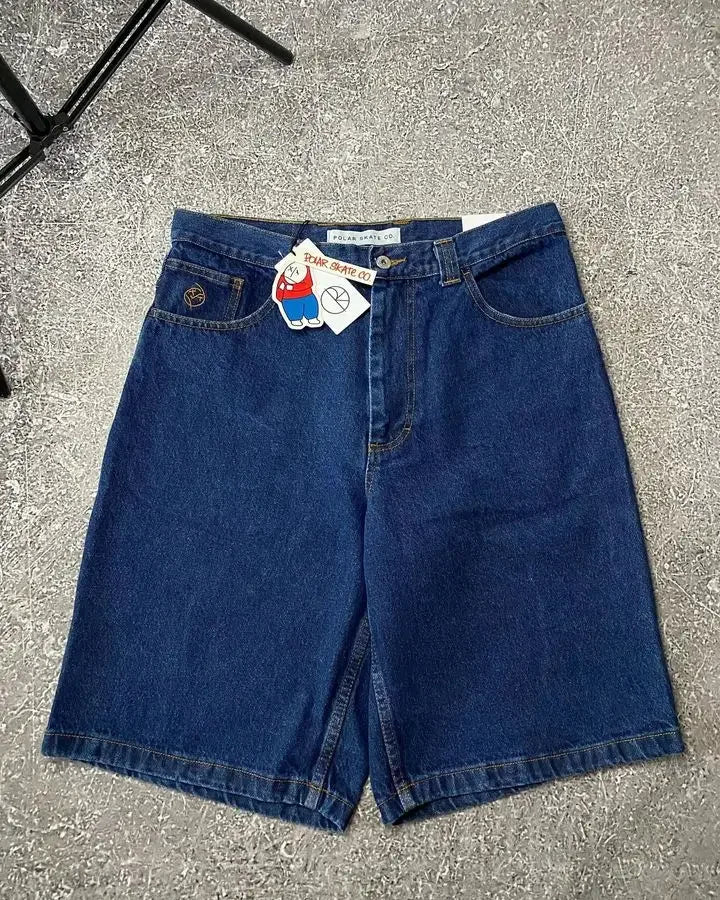 Hip Hop Gothic Cartoon Embroidery Streetwear Polar Big Boy Shorts Y2K Men's Women's Oversized Retro Blue Baggy Denim Gym Shorts