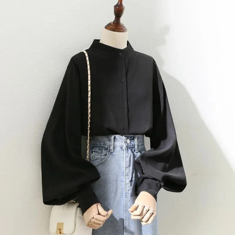 Woman Spring Autumn Style Blouses Shirt Lady Long Lantern Sleeve Stand Collar Loose Blouse Tops