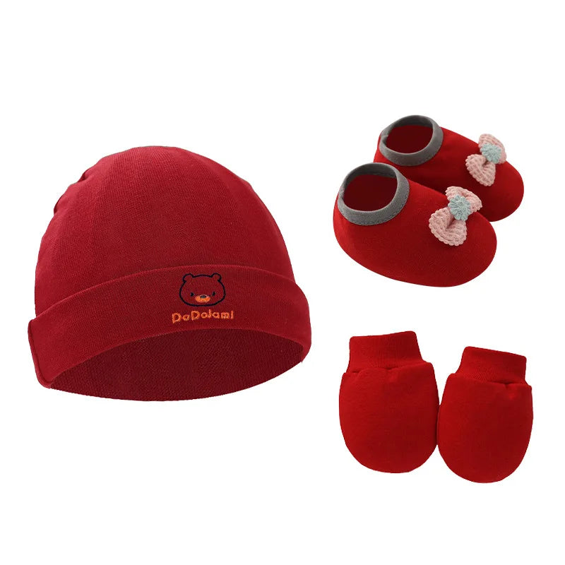 New Newborn Baby Cotton Beanies Hospital Hat Mittens Shoes Sets Solid Stretchy Infant Warm Cap Gloves 0-1 Years Old