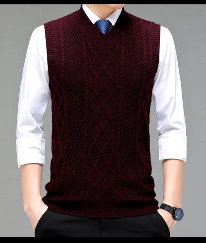 Stylish V-neck Jacquard Knit Sleeveless Sweater Vest for Men Middle-aged Men Fashion Solid Color Warm Top