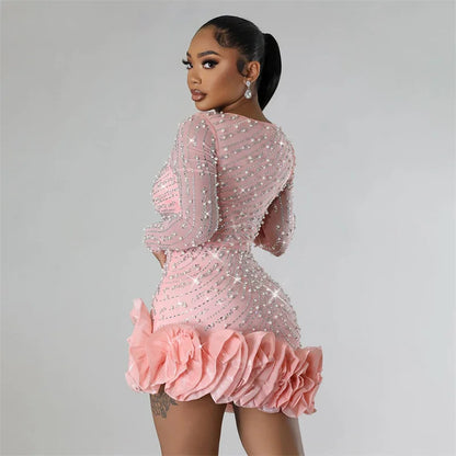 2025 New Women Mesh Sleeve Bodycon Sexy Diamonds Birthday Party Dress Tiered Ruffles Rhinestone Pearls Party Night Dress Pink