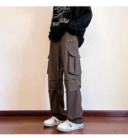 New Overalls Men's Spring Summer Retro High Street Casual pants Large Pocket Trousers Loose Straight Tube Draped Wide-leg Pants