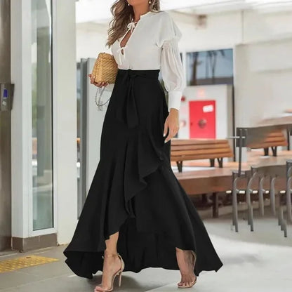 Spring Autumn Women Long Skirt High Waist Lace-up Ruffle Trim Plaid Print Bow Tie Irregular Hem Maxi Skirt Female 2026 New