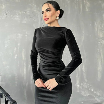 BWQ 2026 Spring Summer Velvet Long Sleeve Midi Dress For Women Ruched Long Dress Elegant Party Clothes Evening Green Outfits