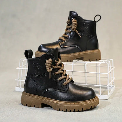 Kid's Winter Cotton Boots Plus Velvet Thickening Water Proof Retro Black Trendy All-match Leather Casual Boys Girls Ankle Boot