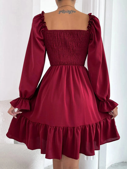 Women's Dress Simple Square Neck Solid Color Long Sleeve Dress Parallel Crepe Seam Body Bell Sleeves Ruffle Hem Dress Women