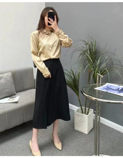 Tajiyane Women's 93% Mulberry Silk 7% Spandex 19 momme satin Silk Buttons long sleeve shirt Top Blouse office work chemise femme