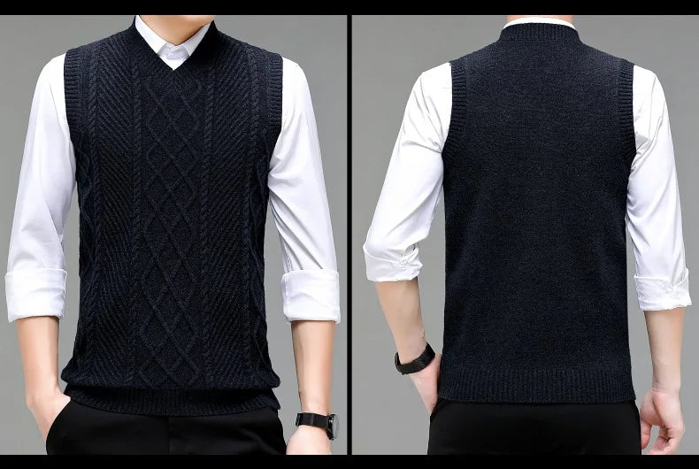 Stylish V-neck Jacquard Knit Sleeveless Sweater Vest for Men Middle-aged Men Fashion Solid Color Warm Top