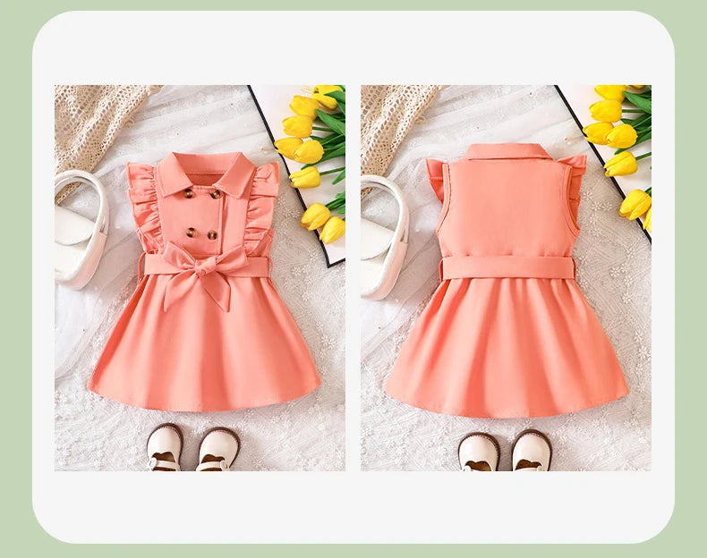 Wholesale Kids Girls Retro Solid Color Trench Belted Dress Double Breasted Elegant Summer Baby Dress
