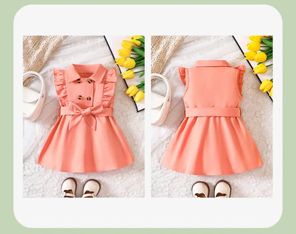 Wholesale Kids Girls Retro Solid Color Trench Belted Dress Double Breasted Elegant Summer Baby Dress
