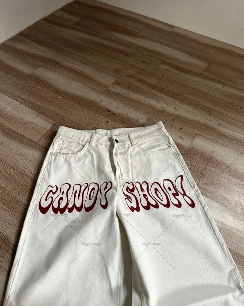 Y2K Harajuku Retro Washed Baggy Jeans Street Hip-hop Anime Printed Wide Pattern Straight Pants Men Trendy Brand Casual Trousers