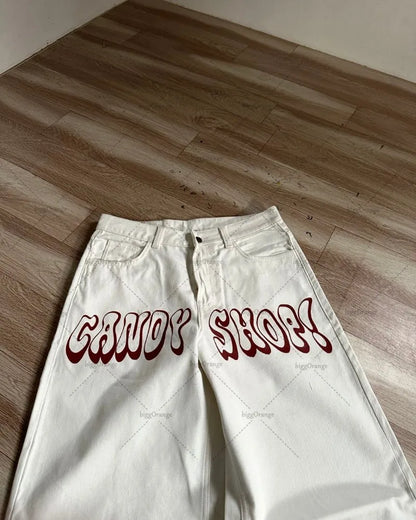 Y2K Harajuku Retro Washed Baggy Jeans Street Hip-hop Anime Printed Wide Pattern Straight Pants Men Trendy Brand Casual Trousers