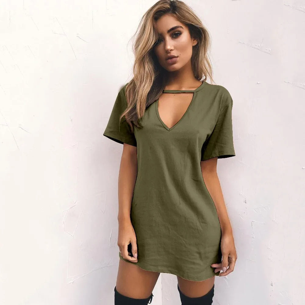 Summer Sexy Mini Black Dress 2026 V Neck Cut Out Loose Dress Women Elegant Short Sleeve Club Party Dress Solid Color Streetwear