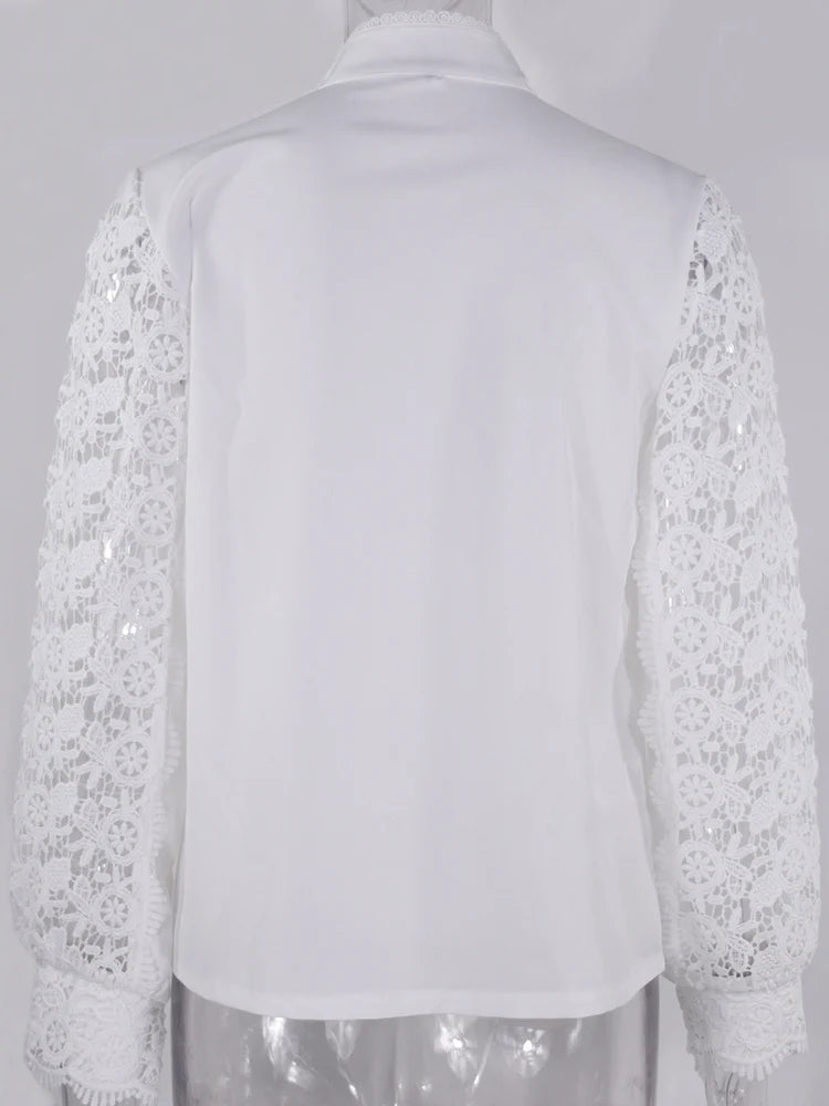 Shirts Elegant Office Ladies White Collared Lace Patchwork Hollow Out Button Up Women's Tops And Blouses 2026 Fashion New Blouse