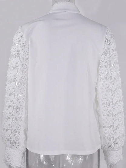 Shirts Elegant Office Ladies White Collared Lace Patchwork Hollow Out Button Up Women's Tops And Blouses 2026 Fashion New Blouse