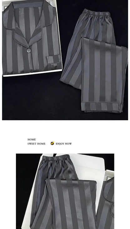 Women's Pajamas Sets Spring Autumn 2 Piece Striped Pajama Faux Silk Satin Sleepwear Long Sleeve Button Pajama Mujer Pjs Home wear