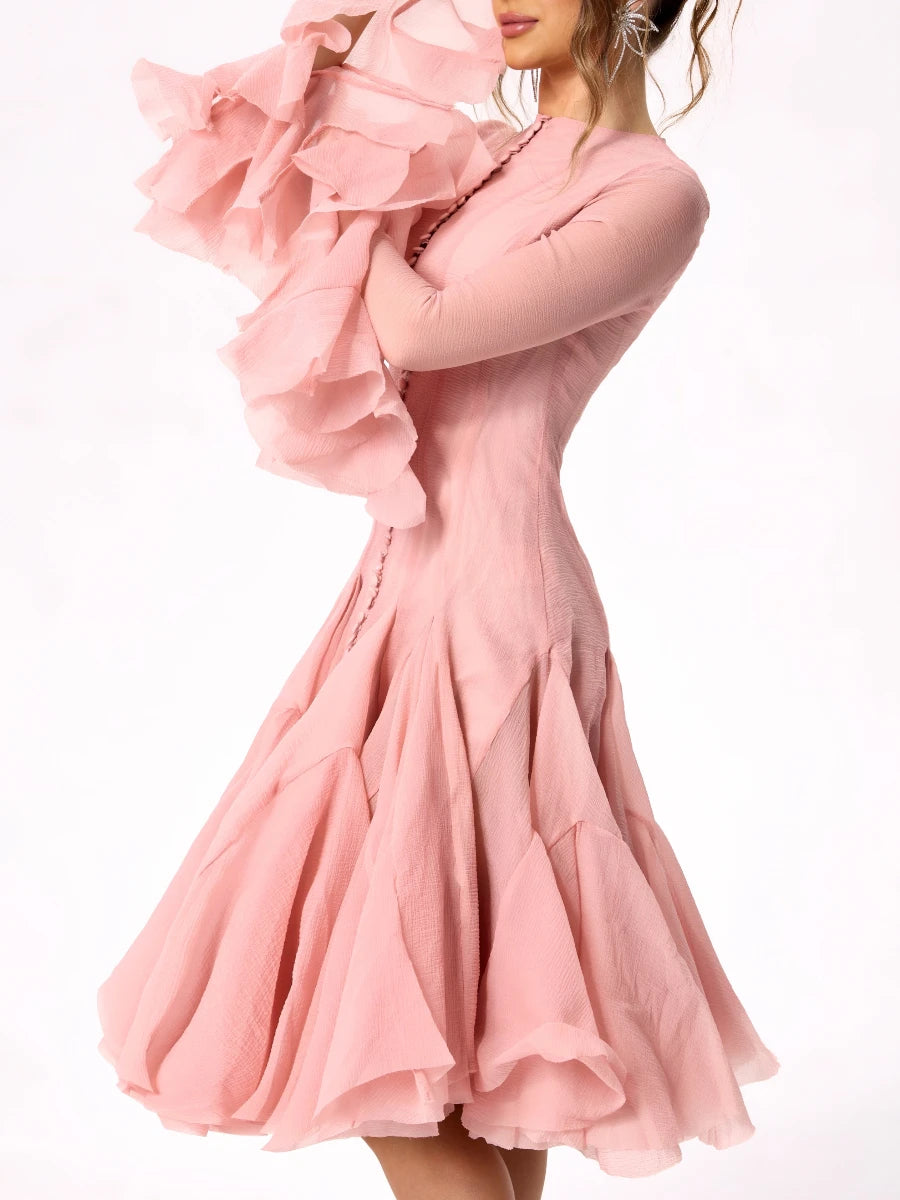 VGH Elegant Spliced Ruffles Midi Dresses for Women O Neck Petal Sleeve High Waist Slim Patchwork Buttons Solid Dress Female New