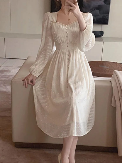 2026 Summer New Women Fashion Elegant White Midi Dresses Vintage Princess Female Party A Line Clothes Prom Robe Vestdios
