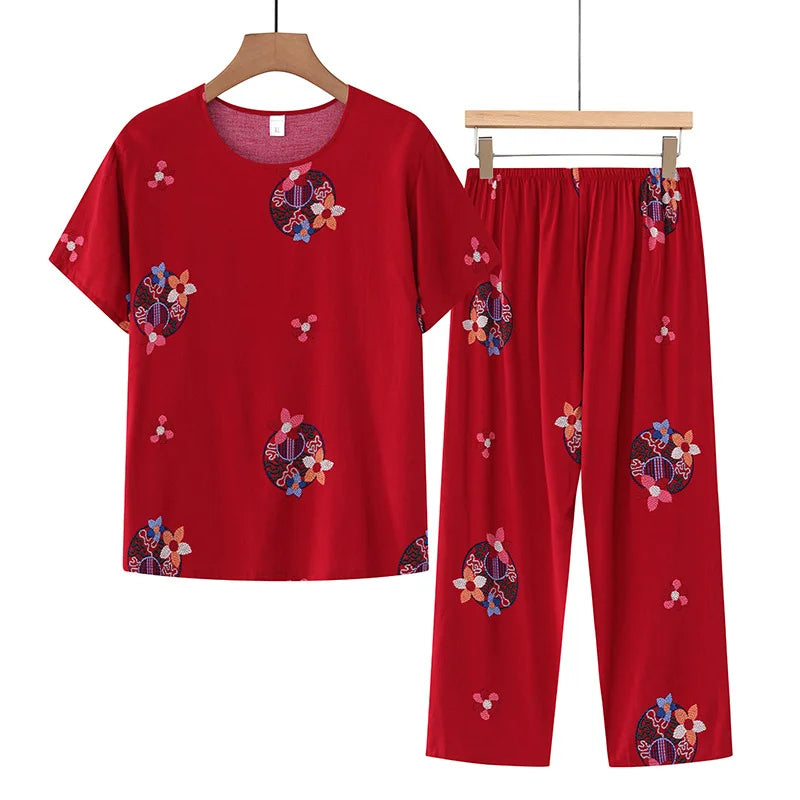 Korean Reviews Many Pajamas Set Summer Women 2 Piece Set Outfit Thin Grandma Pajama Sets Big Size Pajama Printing Home Wear