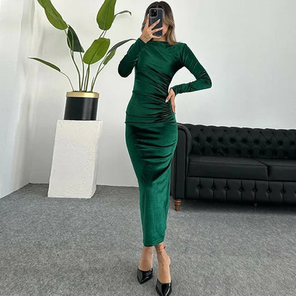 BWQ 2026 Spring Summer Velvet Long Sleeve Midi Dress For Women Ruched Long Dress Elegant Party Clothes Evening Green Outfits