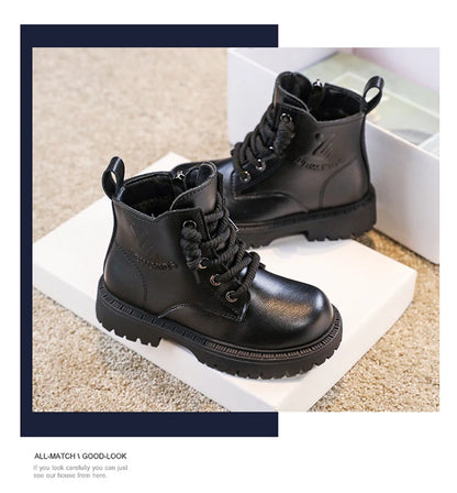 Kid's Winter Cotton Boots Plus Velvet Thickening Water Proof Retro Black Trendy All-match Leather Casual Boys Girls Ankle Boot