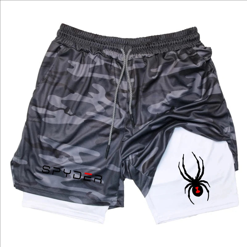 Y2K Performance Shorts Men Spider Printed GYM Casual Sports Compression Shorts Workout Running Mesh 2 In 1 Sport Short Pants