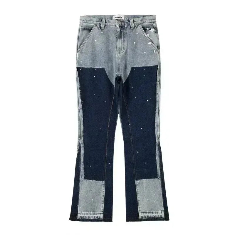2025 European and American retro washed spliced denim loose trousers high street couple straight micro-flared jeans hot sale