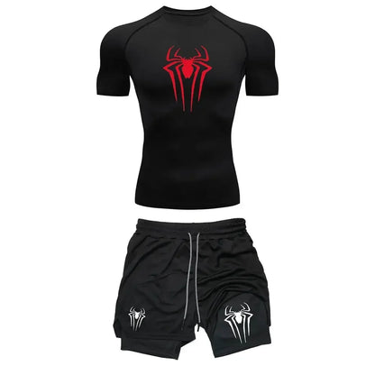 Men's Workout Compression Set Y2K Spider Printed Gym T-shirts Breathable Running Shorts Quick Dry Sports Rash Guard Sportwear Set
