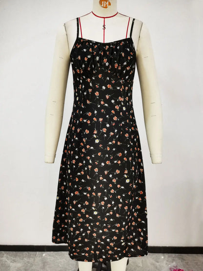 2026 Summer Sexy Spaghetti Straps Dress Women Fashion Polka Dot Print Sleeveless Slit Dress Boho Casual Beach Midi Dresses