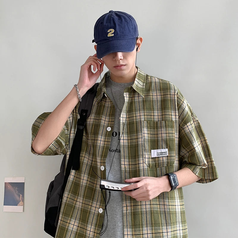 Korean Y2k Streetwear Plaid Shirt Men Shirts 2025 New Summer Fashion Chemise Homme Men's Checkered Shirts Short Sleeve Men Blouse