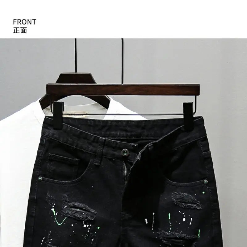 Fashion Summer New Casual Denim Jeans Knee Length Shorts for Men Black Cowboy Low Rise Ripped Holes Boyfriend Men's Denim Shorts