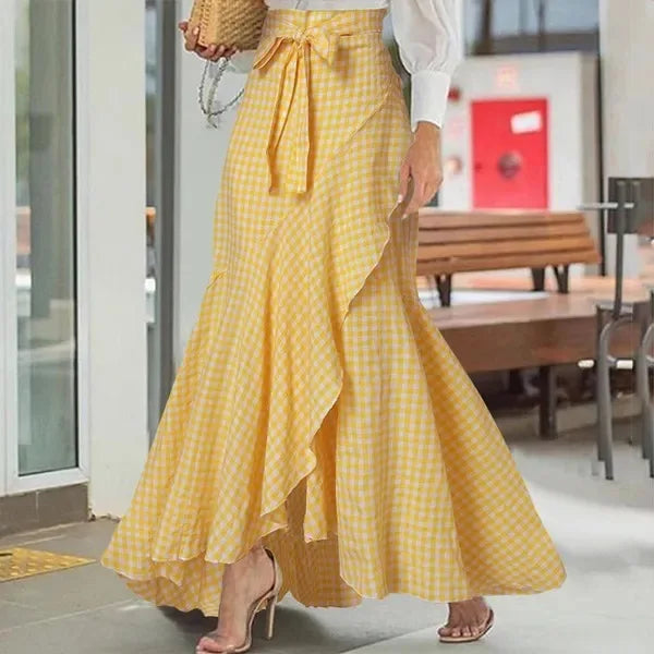 Spring Autumn Women Long Skirt High Waist Lace-up Ruffle Trim Plaid Print Bow Tie Irregular Hem Maxi Skirt Female 2026 New