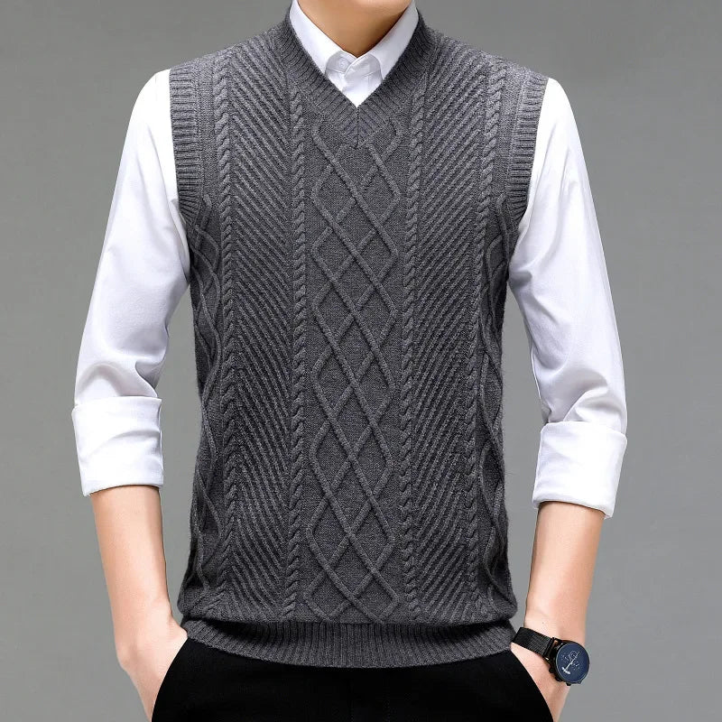 Stylish V-neck Jacquard Knit Sleeveless Sweater Vest for Men Middle-aged Men Fashion Solid Color Warm Top