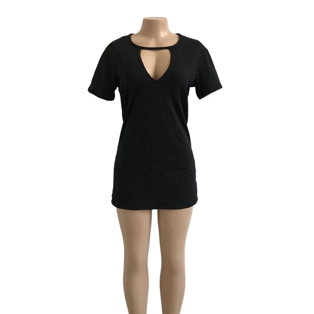 Summer Sexy Mini Black Dress 2026 V Neck Cut Out Loose Dress Women Elegant Short Sleeve Club Party Dress Solid Color Streetwear