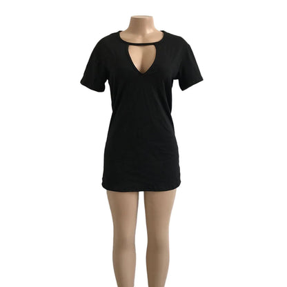 Summer Sexy Mini Black Dress 2026 V Neck Cut Out Loose Dress Women Elegant Short Sleeve Club Party Dress Solid Color Streetwear