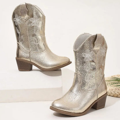Luxury Gold Silver Western Knee High Boots Girls Premium Quality Slip-on Cowboy Long Booties Kids Heeled Point Toe Floral Botas