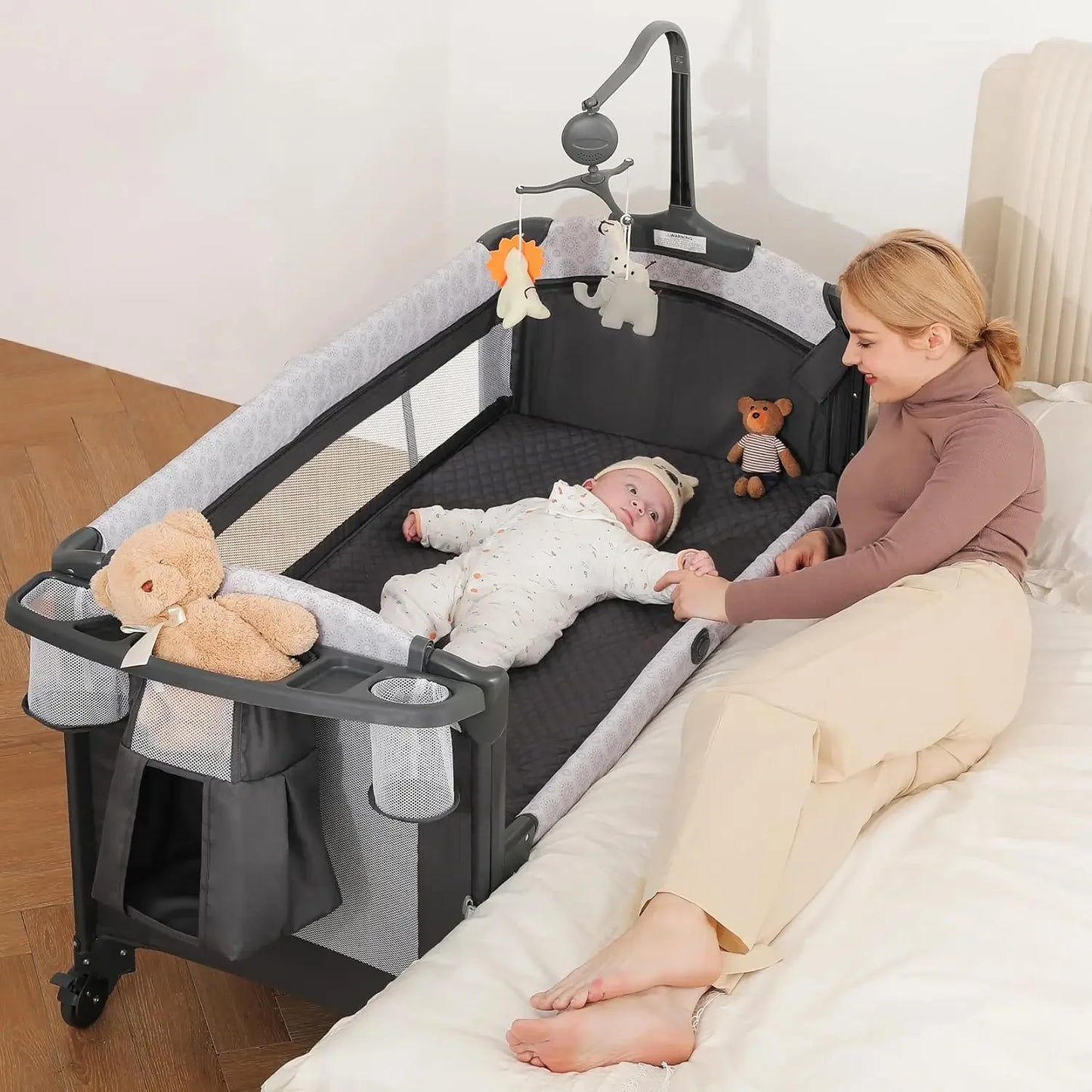 4 in 1 Wide Baby Bassinet Bedside with Diaper Changer, Long Next to Bed Crib with Mattress, Sheet, Music and Blackout Cover, Playpen