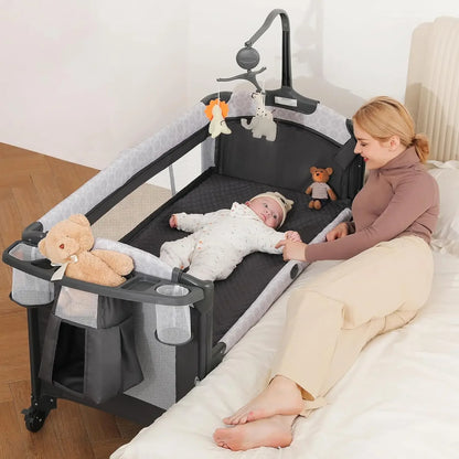 4 in 1 Wide Baby Bassinet Bedside with Diaper Changer, Long Next to Bed Crib with Mattress, Sheet, Music and Blackout Cover, Playpen