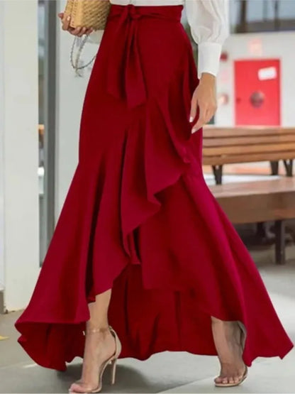 Spring Autumn Women Long Skirt High Waist Lace-up Ruffle Trim Plaid Print Bow Tie Irregular Hem Maxi Skirt Female 2026 New