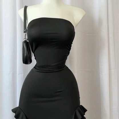 Women Strapless Sexy Floral Fold Hemline High Slit Mini Dress 2026 Solid Backless Sleeveless Black And Pink Party Dress Vestidos