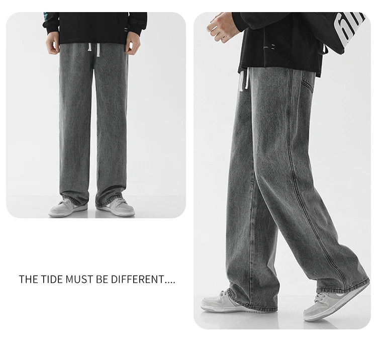 Spring Men Baggy Washed Jeans Drawstring Wide Leg Cargo Denim Pants Fashion Casual Trousers Male Designer Clothing Blue Black