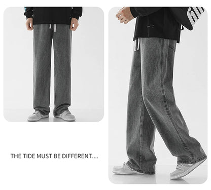 Spring Men Baggy Washed Jeans Drawstring Wide Leg Cargo Denim Pants Fashion Casual Trousers Male Designer Clothing Blue Black