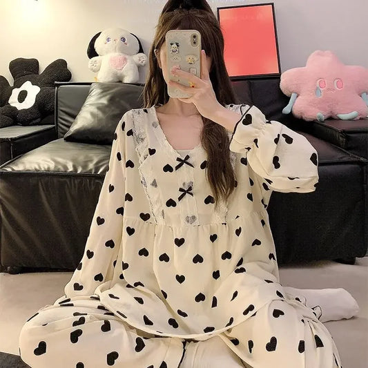 5XL Plus Size Pajama Set Women Lace Sweet Home Clothes Spring Autumn Long Sleeve Tops Trousers Loose-fit Comfortable Loungewear