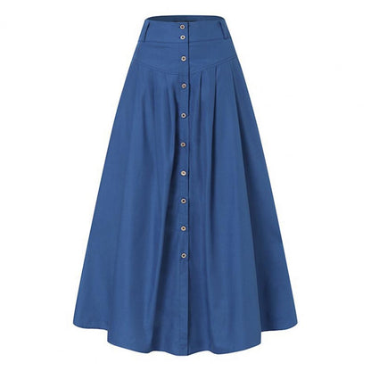 Big Hem Women Long Skirt Solid Color High Waist All Match Button Decor A-line Summer Loose Maxi Skirt Female Garment