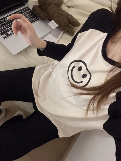 Women Spring Autumn Pajamas Set Female Solid Long-sleeved Pant Home Clothing Simple Loose Casual Smile Face Print Sleepwear XXL