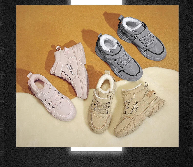 Children's Snow Hiking Boots High Top Plus Velvet Thickening Shoes For Boys Girls Outdoors Walking Fashion Sports Wear-resistant