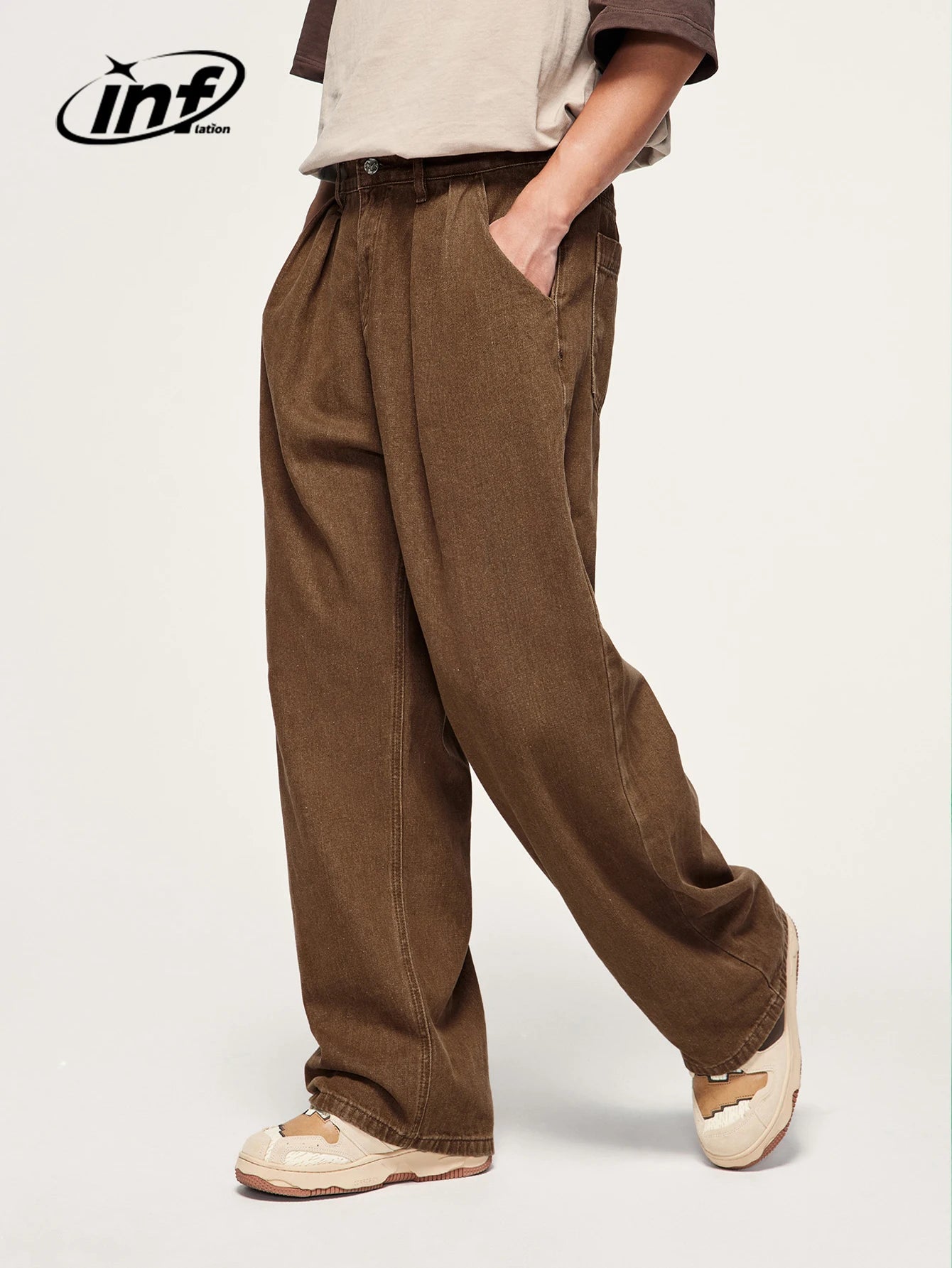 INFLATION Brown Retro Washed Denim Pants Unisex Classic Straight Leg Jeans Male Trouser Plus Size