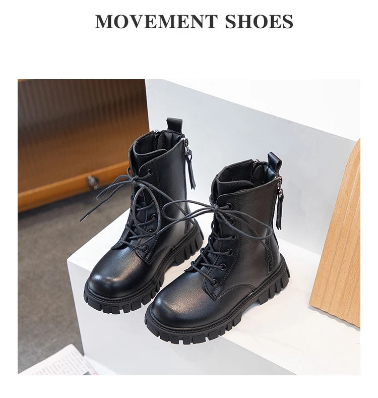 Girls Boots Simple Non-slip Back Zipper Summer Breathable Versatile Soft Autumn Winter Black Children Leather Boots 2025 New